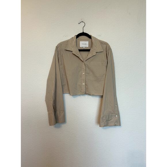 Frame Cropped Wide Sleeve Shirt in Sand Multi - Picture 2 of 5